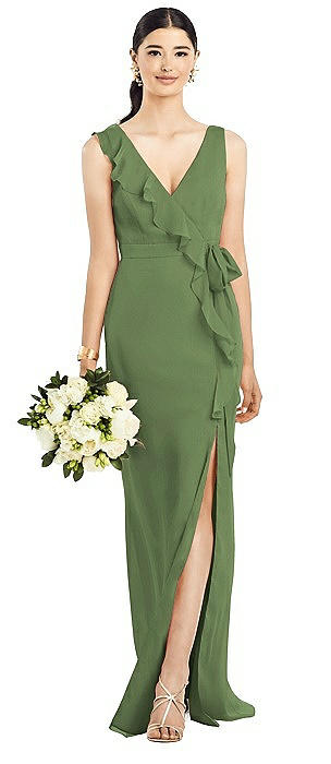 clover green bridesmaid dress V-Neck Sleeveless High-Low Bridesmaid Dress with Waist Pleating main image 1