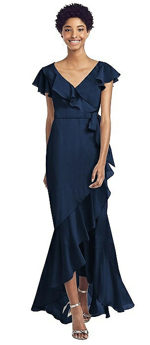 flutter sleeve crepe satin ruffle bridesmaid dress