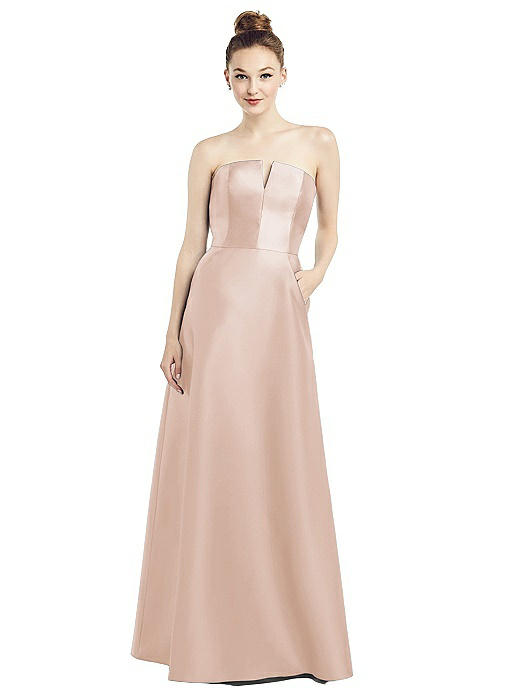 Strapless Notch Satin Gown with Pockets | The Dessy Group