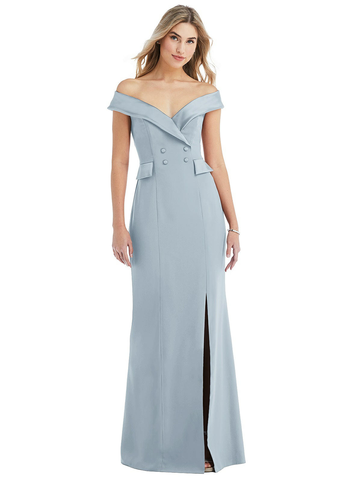 Off-the-Shoulder Tuxedo Maxi Dress with Front Slit | The Dessy Group