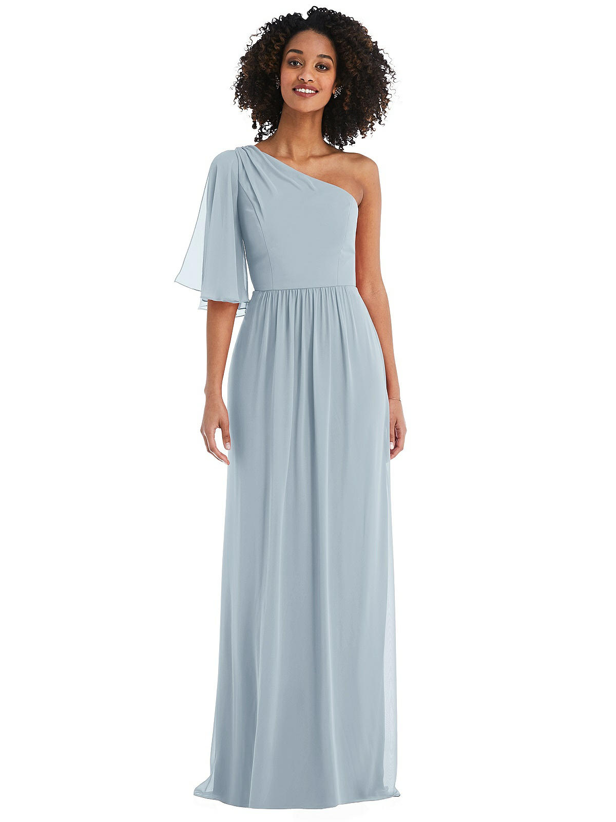 One-Shoulder Bell Sleeve Chiffon Maxi Dress | The Dessy Group