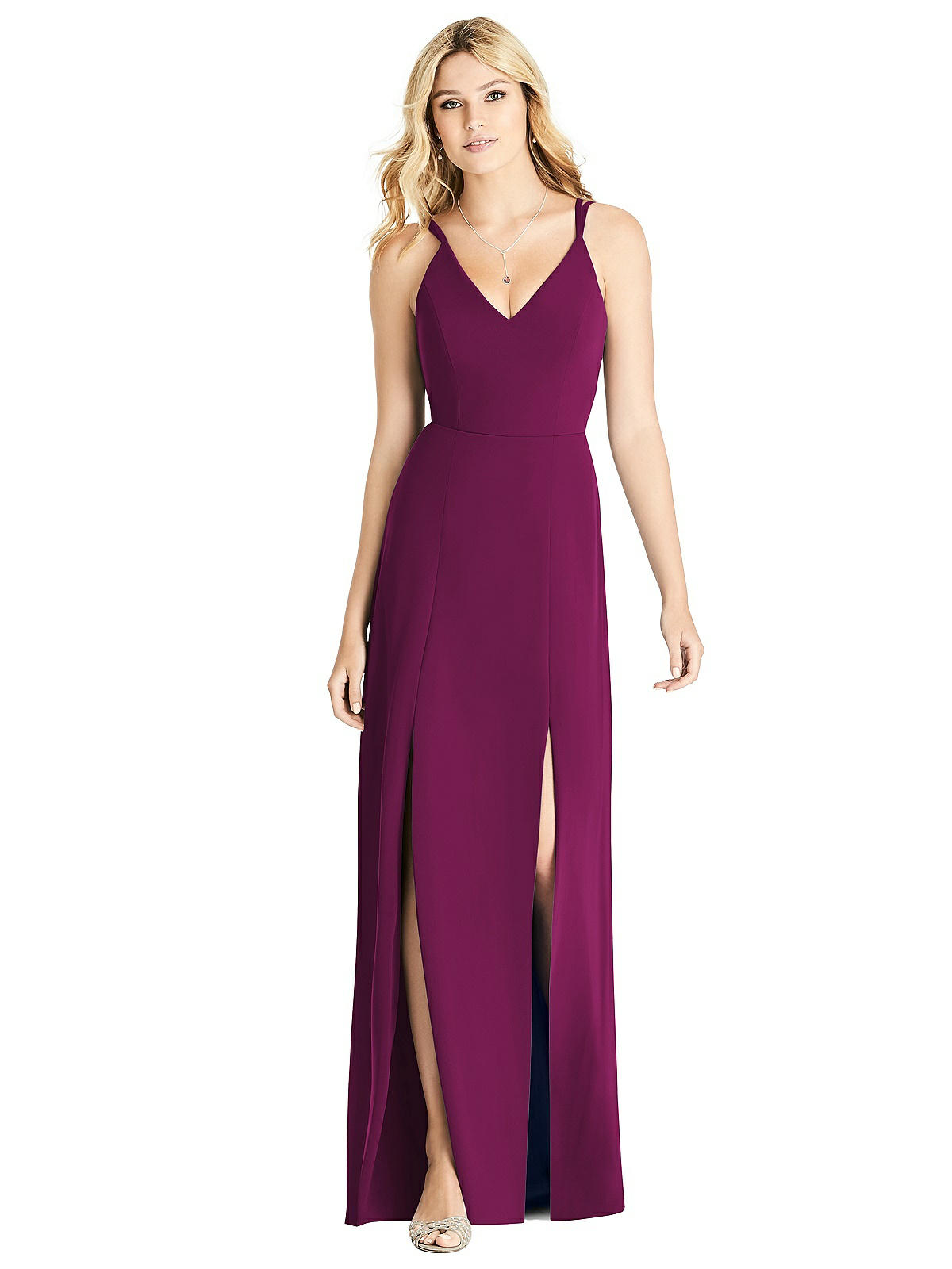 crepe spaghetti strap gown with ruching