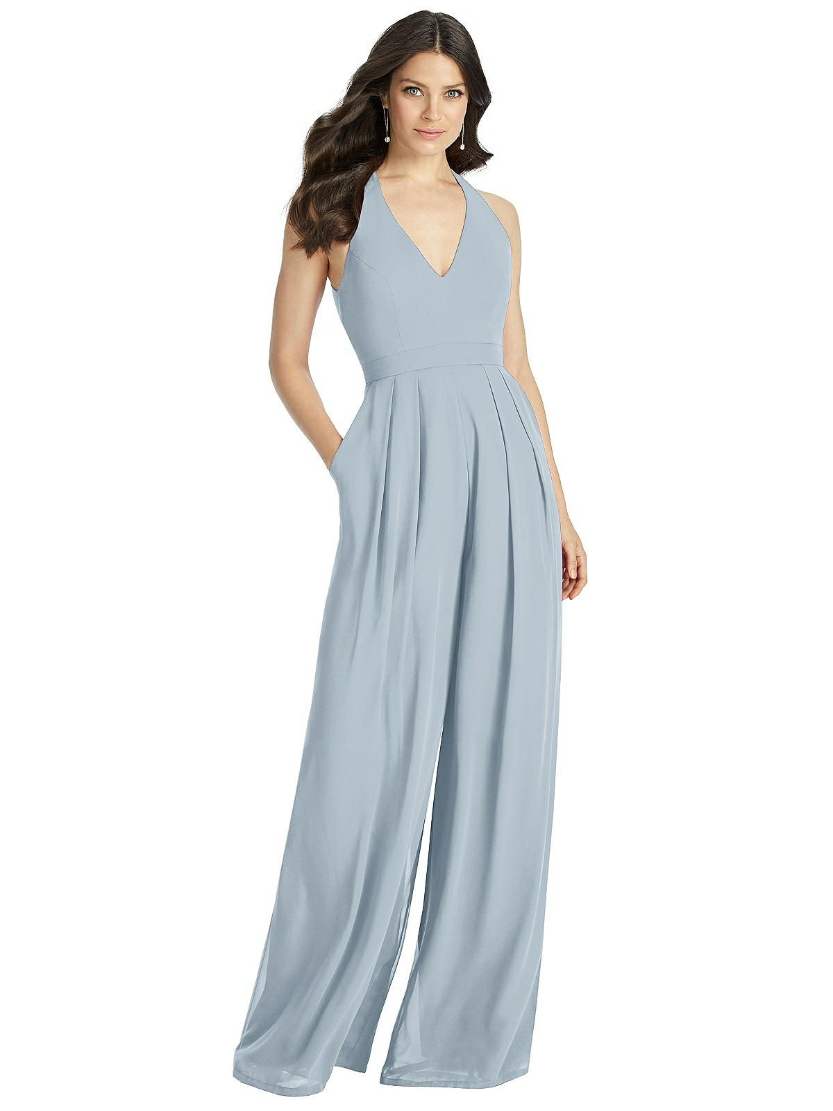 V-Neck Backless Pleated Front Jumpsuit - Arielle | The Dessy Group
