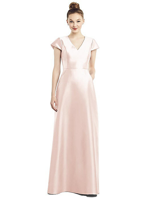 Cap Sleeve V-Neck Satin Gown with Pockets | The Dessy Group