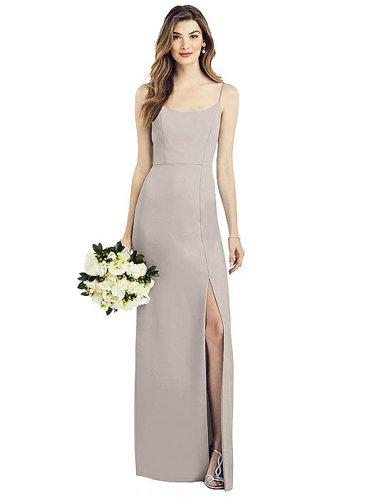 crepe spaghetti strap gown with ruching