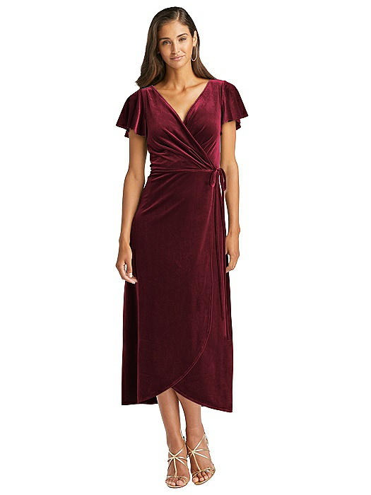 velvet flutter sleeve midi dress with tie waist