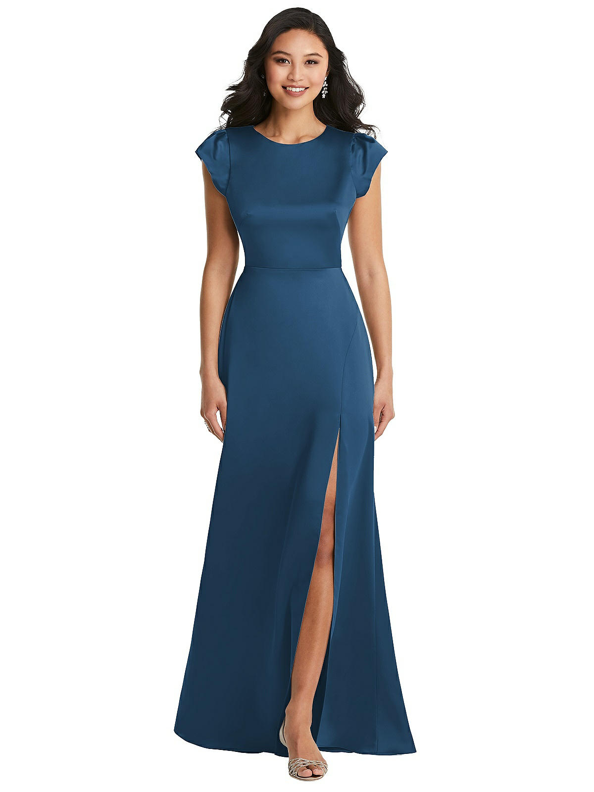 Shirred Cap Sleeve Maxi Dress with Keyhole Cutout Back | The Dessy Group