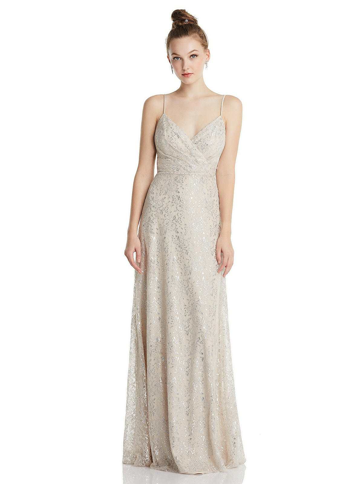 Draped Wrap Bodice Metallic Lace Maxi Dress