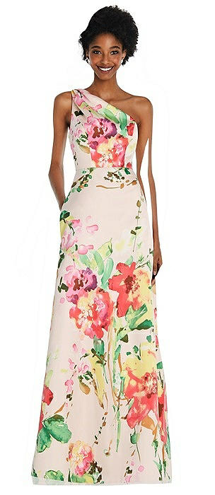 One-Shoulder Blush Floral Satin Gown with Pockets