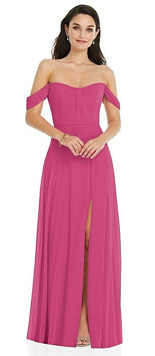 Off-the-Shoulder Draped Sleeve Maxi Dress with Front Slit