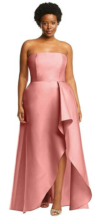Strapless Satin Gown with Draped Front Slit and Pockets