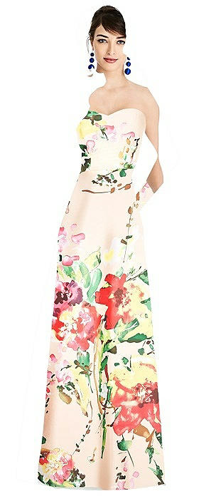 Floral Strapless A-Line Satin Dress with Pockets