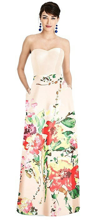 Strapless Floral Skirt A-Line Dress with Pockets