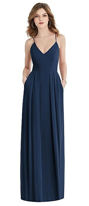 Pleated Skirt Crepe Maxi Dress with Pockets