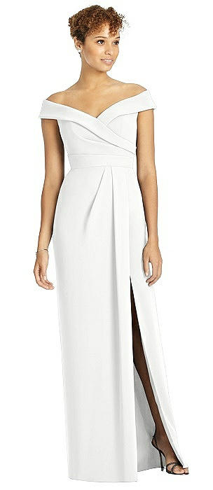 Cuffed Off-the-Shoulder Faux Wrap Maxi Dress with Front Slit