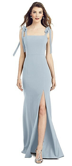 Bowed Flat Strap Trumpet Gown with Front Slit