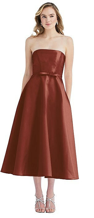 Strapless Bow-Waist Full Skirt Satin Midi Dress
