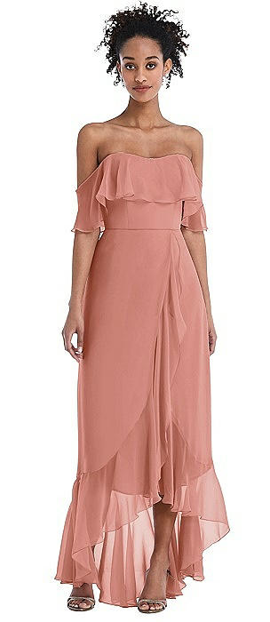 Off-the-Shoulder Ruffled High Low Maxi Dress
