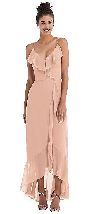 Ruffle-Trimmed V-Neck High Low Wrap Dress