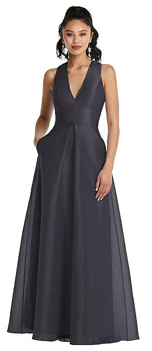 Plunging Neckline Pleated Skirt Maxi Dress with Pockets