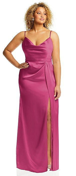 Cowl-Neck Draped Wrap Maxi Dress with Front Slit