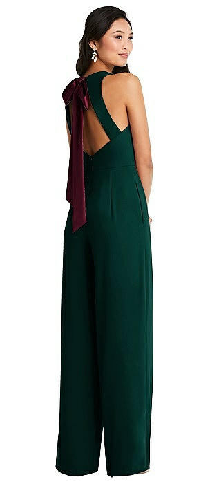 Cutout Open-Back Halter Jumpsuit with Scarf Tie