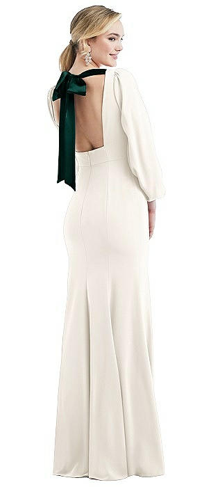 Bishop Sleeve Open-Back Trumpet Gown with Scarf Tie