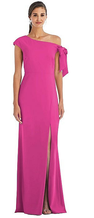 Off-the-Shoulder Tie Detail Trumpet Gown with Front Slit