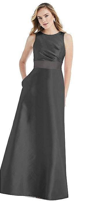 High-Neck Asymmetrical Shirred Satin Maxi Dress with Pockets