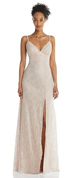 V-Neck Metallic Lace Maxi Dress with Adjustable Straps
