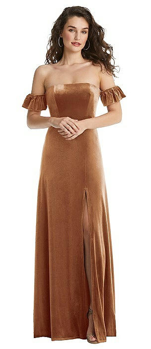 Ruffle Sleeve Off-the-Shoulder Velvet Maxi Dress