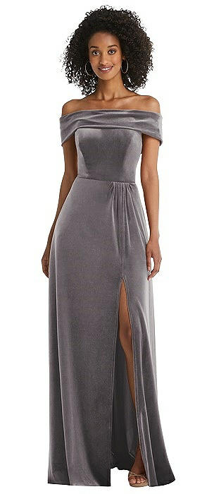 Draped Cuff Off-the-Shoulder Velvet Maxi Dress with Pockets