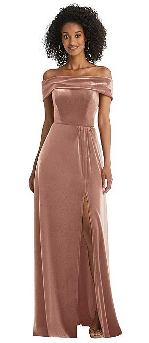 Draped Cuff Off-the-Shoulder Velvet Maxi Dress with Pockets