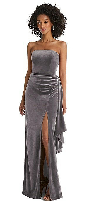 Strapless Velvet Maxi Dress with Draped Cascade Skirt
