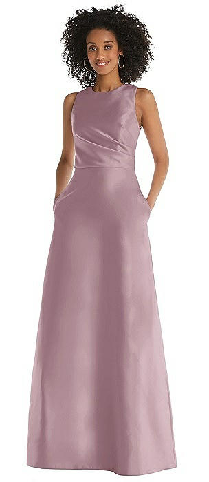 Jewel Neck Asymmetrical Shirred Bodice Maxi Dress with Pockets