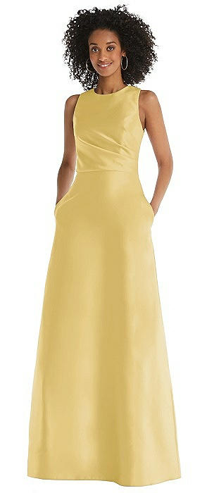 Jewel Neck Asymmetrical Shirred Bodice Maxi Dress with Pockets