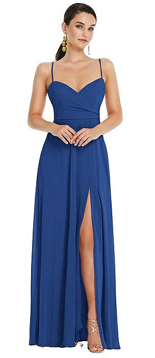 Adjustable Strap Wrap Bodice Maxi Dress with Front Slit 