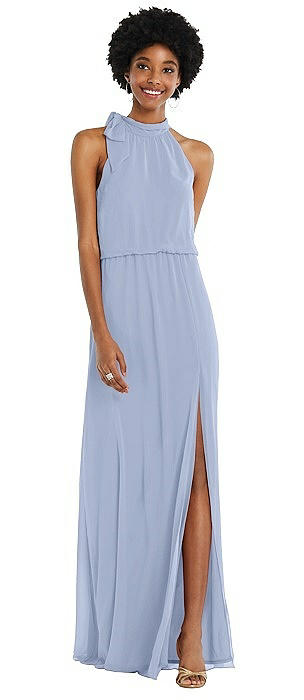 Scarf Tie High Neck Blouson Bodice Maxi Dress with Front Slit