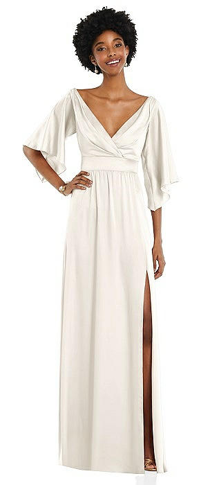 Asymmetric Bell Sleeve Wrap Maxi Dress with Front Slit