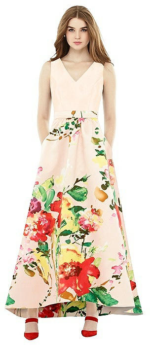 Sleeveless Floral Skirt High Low Dress with Pockets