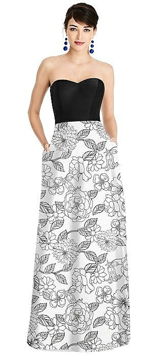 Strapless Floral Skirt A-Line Dress with Pockets