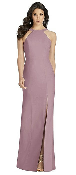 High-Neck Backless Crepe Trumpet Gown