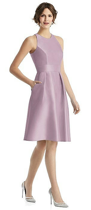High-Neck Satin Cocktail Dress with Pockets
