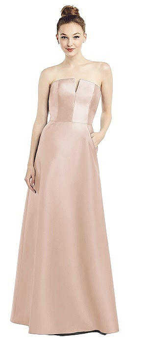 Strapless Notch Satin Gown with Pockets