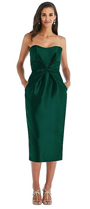 Strapless Bow-Waist Pleated Satin Pencil Dress with Pockets