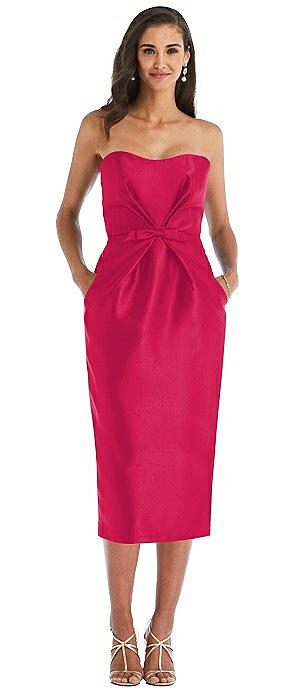 Strapless Bow-Waist Pleated Satin Pencil Dress with Pockets