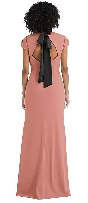 Puff Cap Sleeve Cutout Tie-Back Trumpet Gown