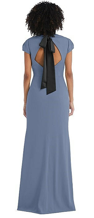 Puff Cap Sleeve Cutout Tie-Back Trumpet Gown