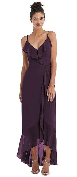 Ruffle-Trimmed V-Neck High Low Wrap Dress