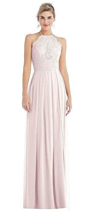 Tie-Neck Lace Halter Pleated Skirt Maxi Dress